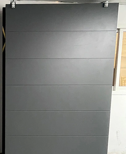 A dark door-panel design with fine horizontal divisions.