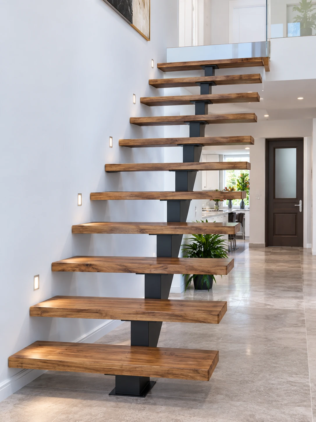 An open-tread floating-style staircase.